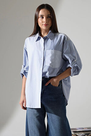  Poplin Kumaş Oversize Çizgili Apolitli Tasarım Gömlek