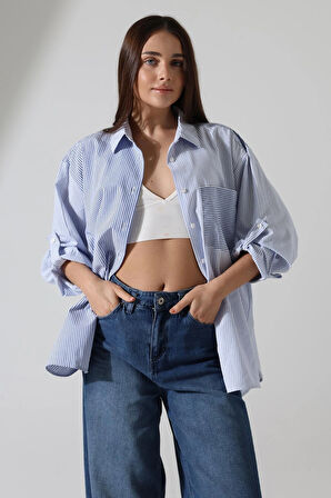 Poplin Kumaş Oversize Çizgili Apolitli Tasarım Gömlek
