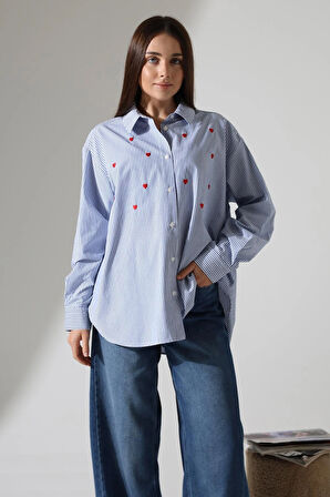Oversize Çizgili Poplin Kumaş Kalp Nakış Detaylı Apoletli Tasarım Gömlek