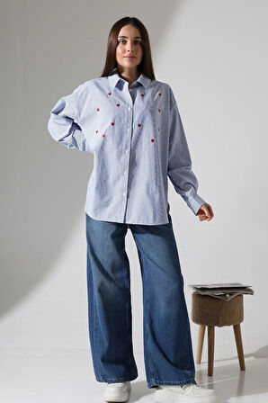 Oversize Çizgili Poplin Kumaş Kalp Nakış Detaylı Apoletli Tasarım Gömlek