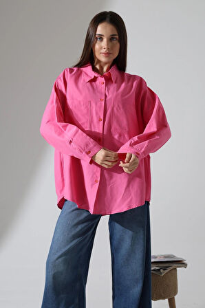 Poplin Kumaş Çift Cepli Oversize Koyu Pembe Kadın Tunik Gömlek