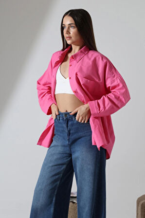 Poplin Kumaş Çift Cepli Oversize Koyu Pembe Kadın Tunik Gömlek