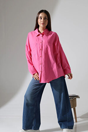 Poplin Kumaş Çift Cepli Oversize Koyu Pembe Kadın Tunik Gömlek