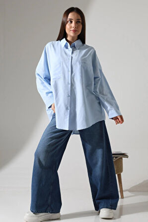 Poplin Kumaş Çift Cepli Oversize Kadın Tunik Gömlek