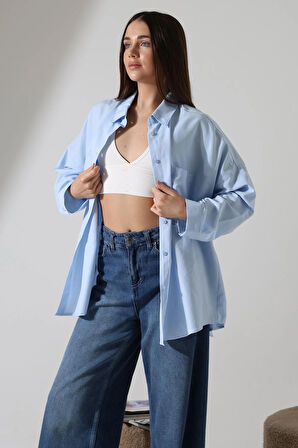 Poplin Kumaş Çift Cepli Oversize Kadın Tunik Gömlek