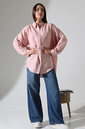 Poplin Kumaş Çift Cepli Oversize Kadın Tunik Gömlek