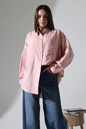 Poplin Kumaş Çift Cepli Oversize Kadın Tunik Gömlek