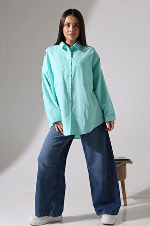 Poplin Kumaş Çift Cepli Oversize Kadın Tunik Gömlek