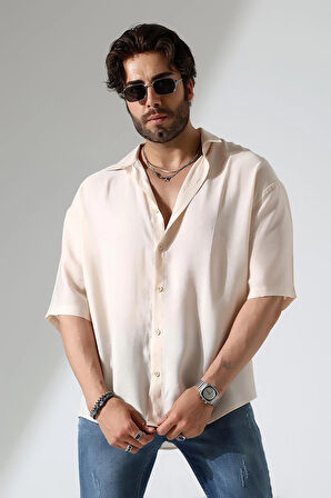 Oversize Kesim Kısa Kol Pamuk Keten Erkek Gömlek