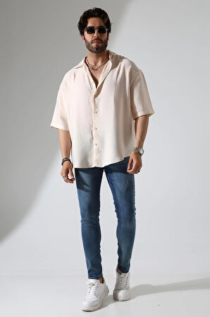Oversize Kesim Kısa Kol Pamuk Keten Erkek Gömlek