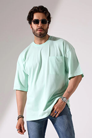 Oversize Bisiklet Yaka Cep Detaylı Salaş T-Shirt