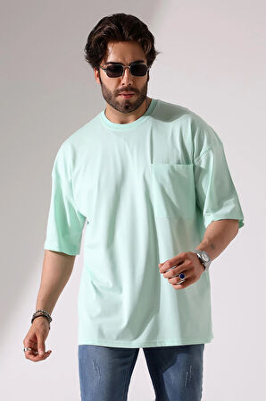 Oversize Bisiklet Yaka Cep Detaylı Salaş T-Shirt