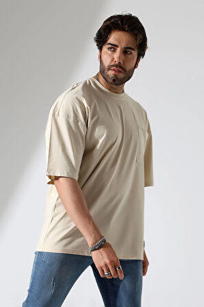 Oversize Bisiklet Yaka Cep Detaylı Salaş T-Shirt