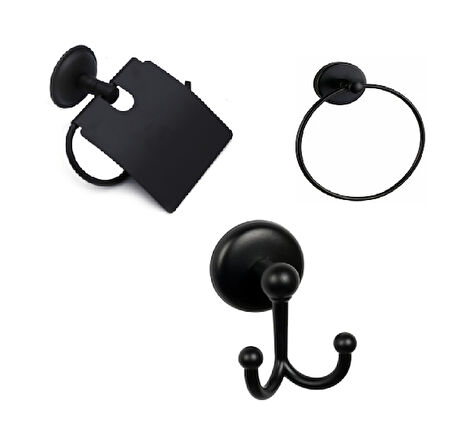 MK Yapışkanlı Siyah Üçlü Banyo Aksesuar Seti - Yuvarlak Havluluk - Banyo Askısı - Kapaklı Tuvalet Kağıtlık
