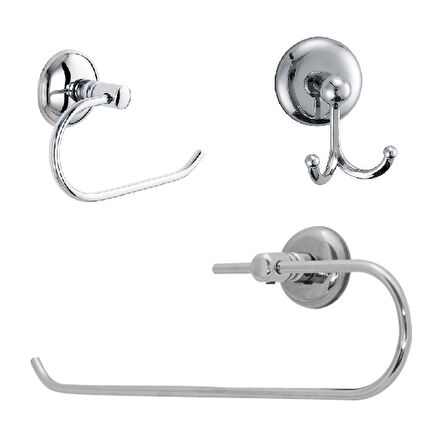 MK Yapışkanlı Krom  Üçlü Banyo Aksesuar Seti - Açık Havlu Kağıtlık - Banyo Askısı - Açık Tuvalet Kağıtlık