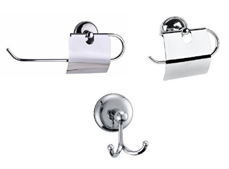 MK Yapışkanlı Krom  Üçlü Banyo Aksesuar Seti - Kapaklı Havlu Kağıtlık - Banyo Askısı - Kapaklı Tuvalet Kağıtlık