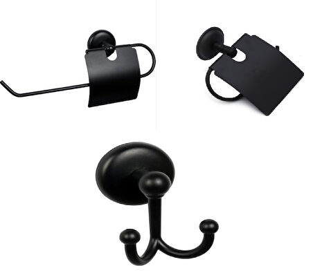 MK Yapışkanlı Siyah  Üçlü Banyo Aksesuar Seti - Kapaklı Havlu Kağıtlık - Banyo Askısı - Kapaklı Tuvalet Kağıtlık