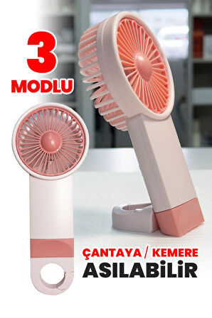Şarjlı Mini El Fanı Standlı Çantaya Kemere Asılabilir, 3 Modlu Güçlü Serinletici Vantilatör Pervane