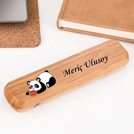 Kişiye Özel Panda Tasarım Kutulu İsim Yazılı Bambu  Kalem Seti