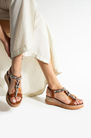 Taba Tek Bant Halka Taş Bağcık Aksesuarlı Günlük Kadın Sandalet