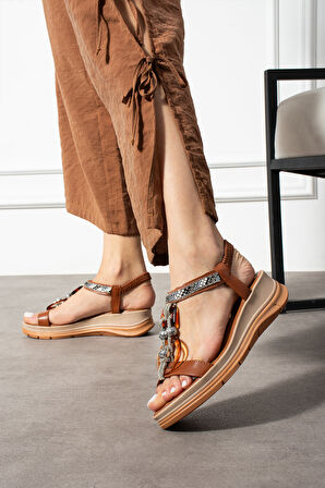 Taba Tek Bant Halka Taş Bağcık Aksesuarlı Günlük Kadın Sandalet