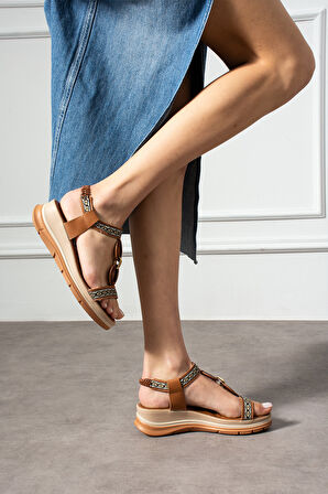 Taba Tek Bant Aksesuarlı Günlük Kadın Sandalet