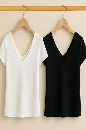 2 Adet Ön ve Arka V Yaka Basic Pamuklu Tişört