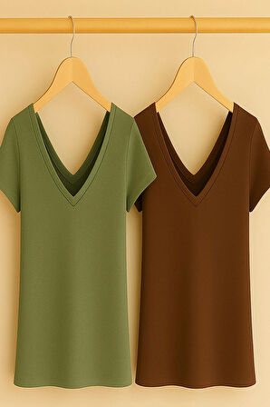 2 Adet Ön ve Arka V Yaka Basic Pamuklu Tişört