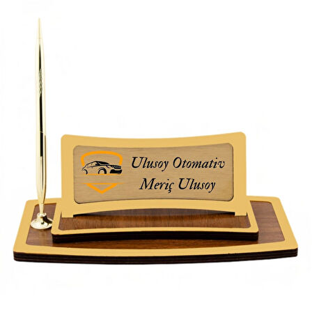 Kurumsal Firmalara Özel Logolu Masa İsimliği | Kişiye Özel Altın Detaylı Ahşap Tasarım