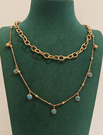 Monalisa Home Lüks Gold Renk Çift Zincir Figürlü Gösterişli  Kolye