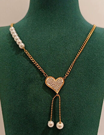 Monalisa Home Lüks Gold Renk İncili Kalp Figürlü Gösterişli  Kolye