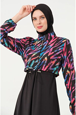 Tesmay 21109 Siyah Dijital Desenli Lycralı Tesettür Mayo