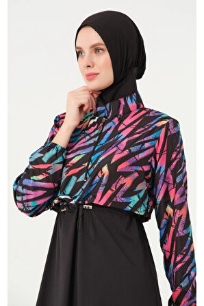 Tesmay 21109 Siyah Dijital Desenli Lycralı Tesettür Mayo