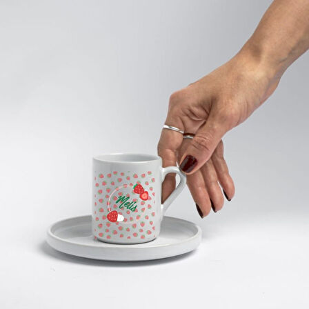 Kişiye Özel Çilek Tasarımlı İkili Türk Kahve Fincanı Seti – Hediyelik Çiftli Fincan