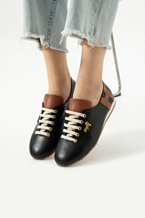 Siyah Simli Bağcıklı Günlük Ortapedik İç Taban Kadın Sneaker