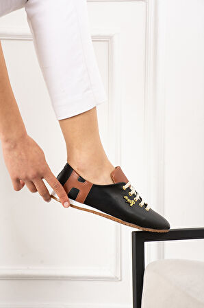 Siyah Simli Bağcıklı Günlük Ortapedik İç Taban Kadın Sneaker