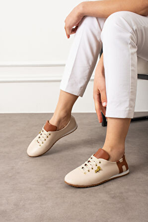 Bej Simli Bağcıklı Günlük Ortapedik İç Taban Kadın Sneaker