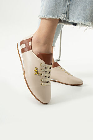 Bej Simli Bağcıklı Günlük Ortapedik İç Taban Kadın Sneaker