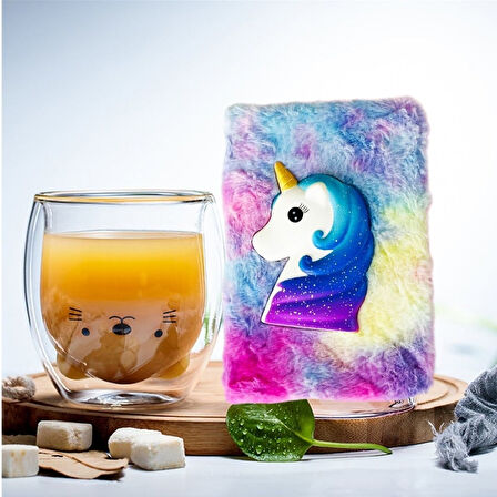 Renkli Unicorn Squishyli Peluş Defter ve Kedi Çidarlı Bardak Hediye Seti