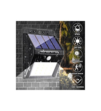Güneş Enerjili Hareket Sensörlü 20 LED Solar Enerji Su Geçirmez Duvar Lambası