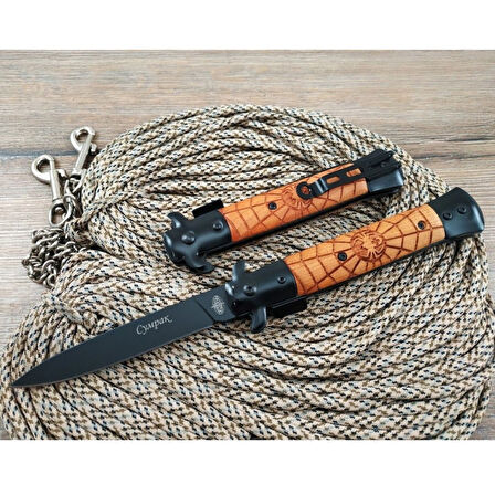 Kişiye Özel Scorpion Tasarımlı Ahşap Saplı  Kamp Outdoor Cep Çakısı
