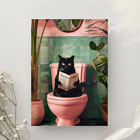 "Tuvalette Gazete Okuyan Siyah Kedi Duvar Posteri – Eğlenceli Dekoratif Tasarım-Çerçevesiz