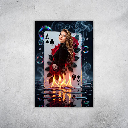 Kişiye Özel Maça Ası Tasarımlı 20x28 cm MDF Poster – Alev ve Su Efektiyle Özel Fotoğraf Baskısı