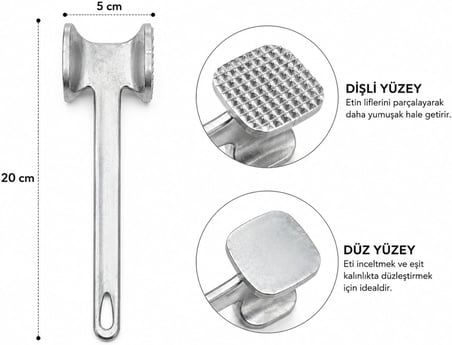 Çift Yüzeyli Metal Et Dövme Çekici – Dişli ve Düz Başlıklı, Et Yumuşatıcı,Dayanıklı Metal Gövdeli Ev Kullanımına Uygun