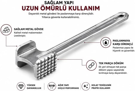 Çift Yüzeyli Metal Et Dövme Çekici – Dişli ve Düz Başlıklı, Et Yumuşatıcı,Dayanıklı Metal Gövdeli Ev Kullanımına Uygun
