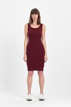 Kadın Mini Bodycon Kolsuz Bordo Elbise