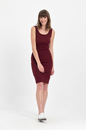 Kadın Mini Bodycon Kolsuz Bordo Elbise