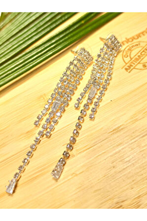 Monalisa Home Lüks Gümüş Renk Taşlı Abiye Küpe