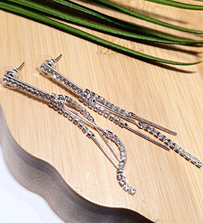 Monalisa Home Lüks Gümüş Renk Taşlı Abiye Küpe