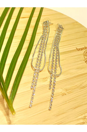 Monalisa Home Lüks Gümüş Renk Taşlı Abiye Küpe